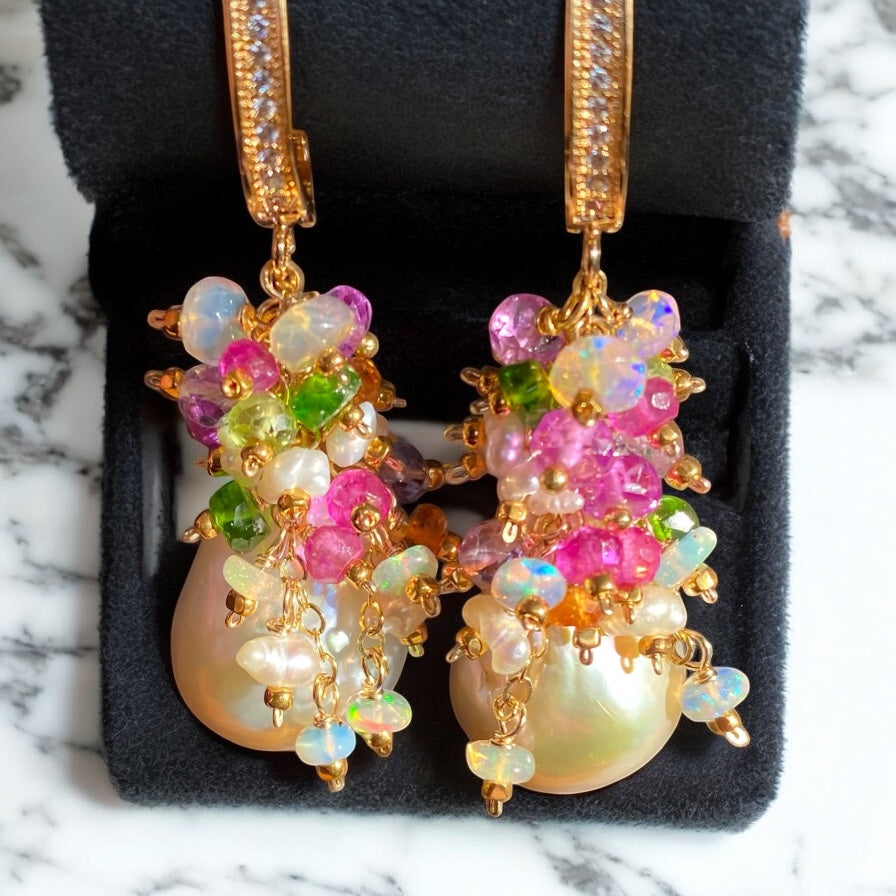 Pond-slime Baroque Pearl and Gemstone Cluster Earrings with Violet Sapphire