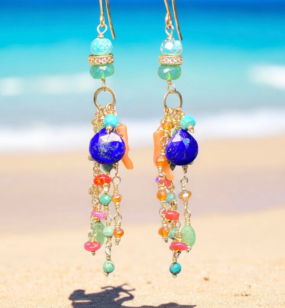 Blue Lapis Dangle Earrings Boho Style with Coral, Chrysoprase, Turquoise, Carnelian Gold Fill