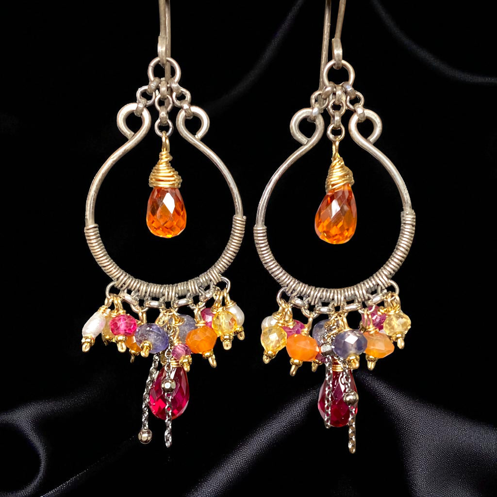 Multi Gemstone Mixed Metal Hoop Chandelier Earrings