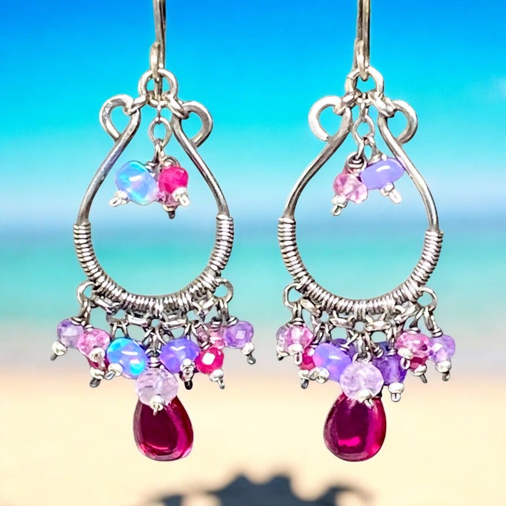 Pink Rubellite, Lavender Gems Oxidized Silver Hoop Chandelier Earrings,