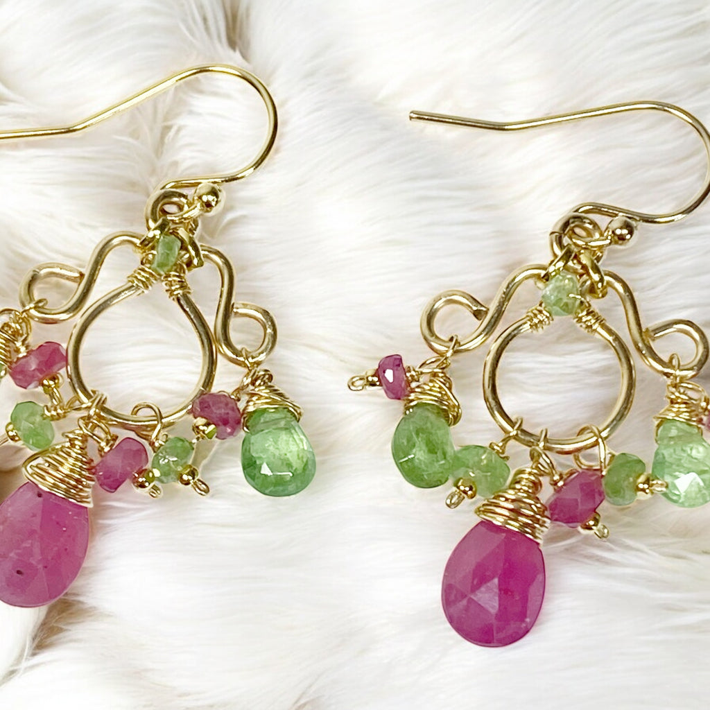 Tsavorite Garnet, Pink Sapphire Gold Fill Chandelier Earrings - Pink, Green Gemstones