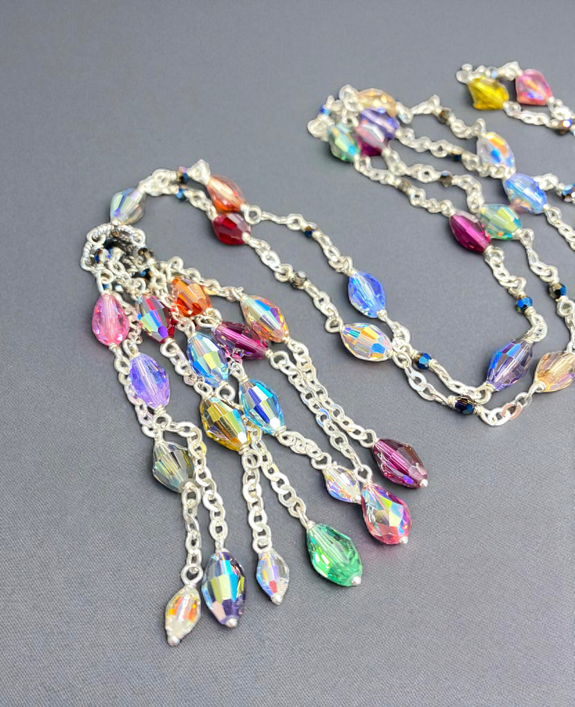 Multicolor Crystal Tassel Necklace Sterling Silver