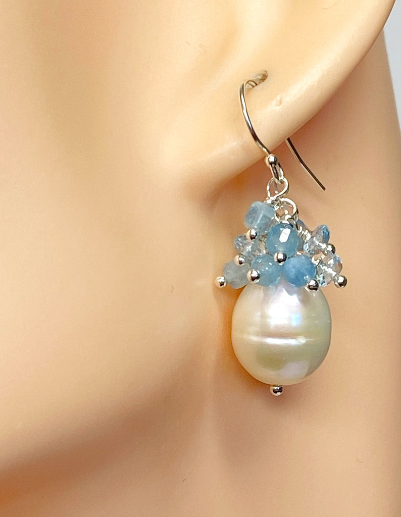 Pearl Cluster Earrings with Blue Aquamarine, Blue Topaz, Gold Fill or Sterling Silver