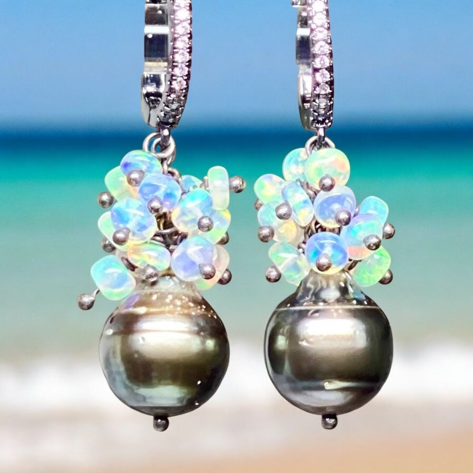Tahitian Pearl and Opal Cluster Earrings Oxidized Sterling Silver