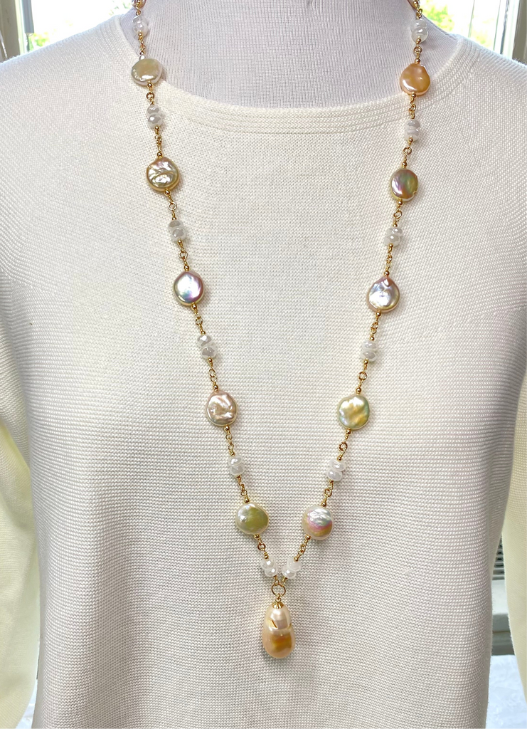 Blush Baroque Pearl Mystic Moonstone Long Sautoir Rosary Necklace Gold Fill