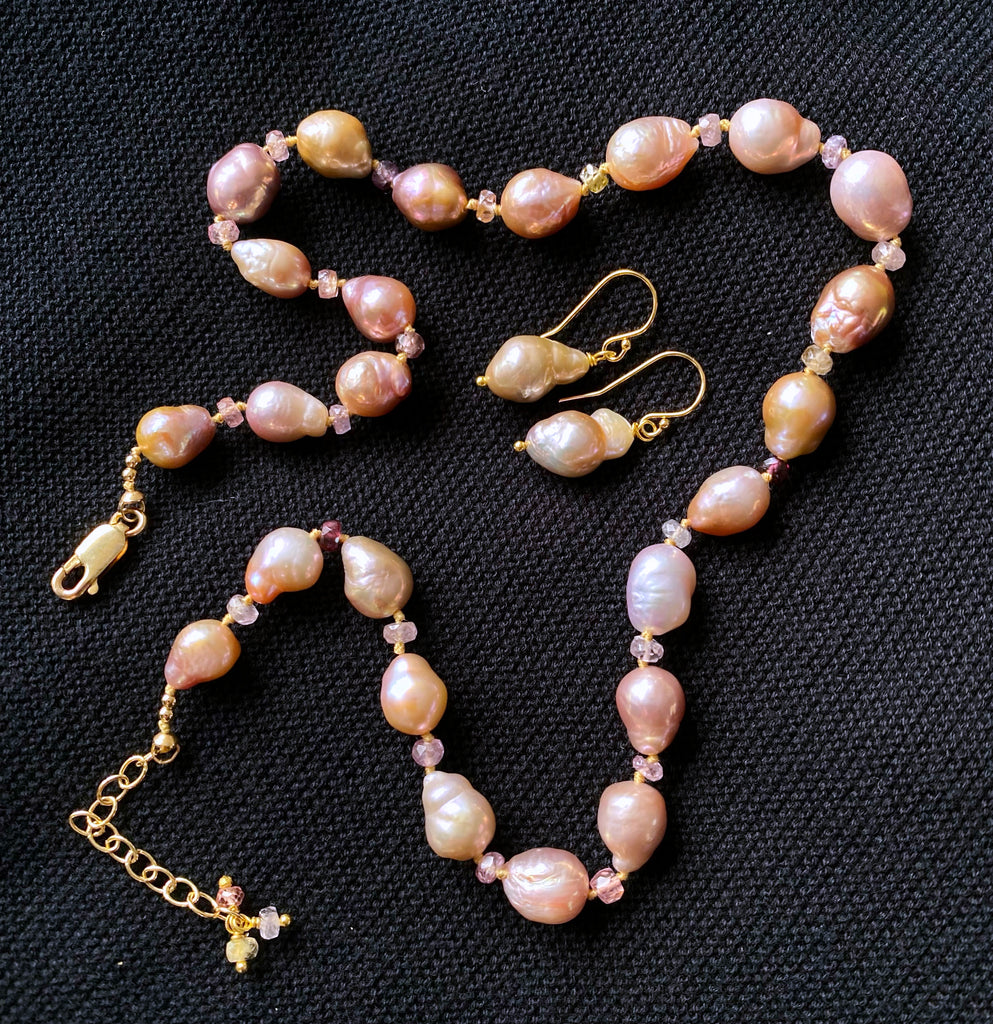 Baroque Metallic Pearl Necklace with Spinel Gemstones, Silk Knotted, Gold Fill
