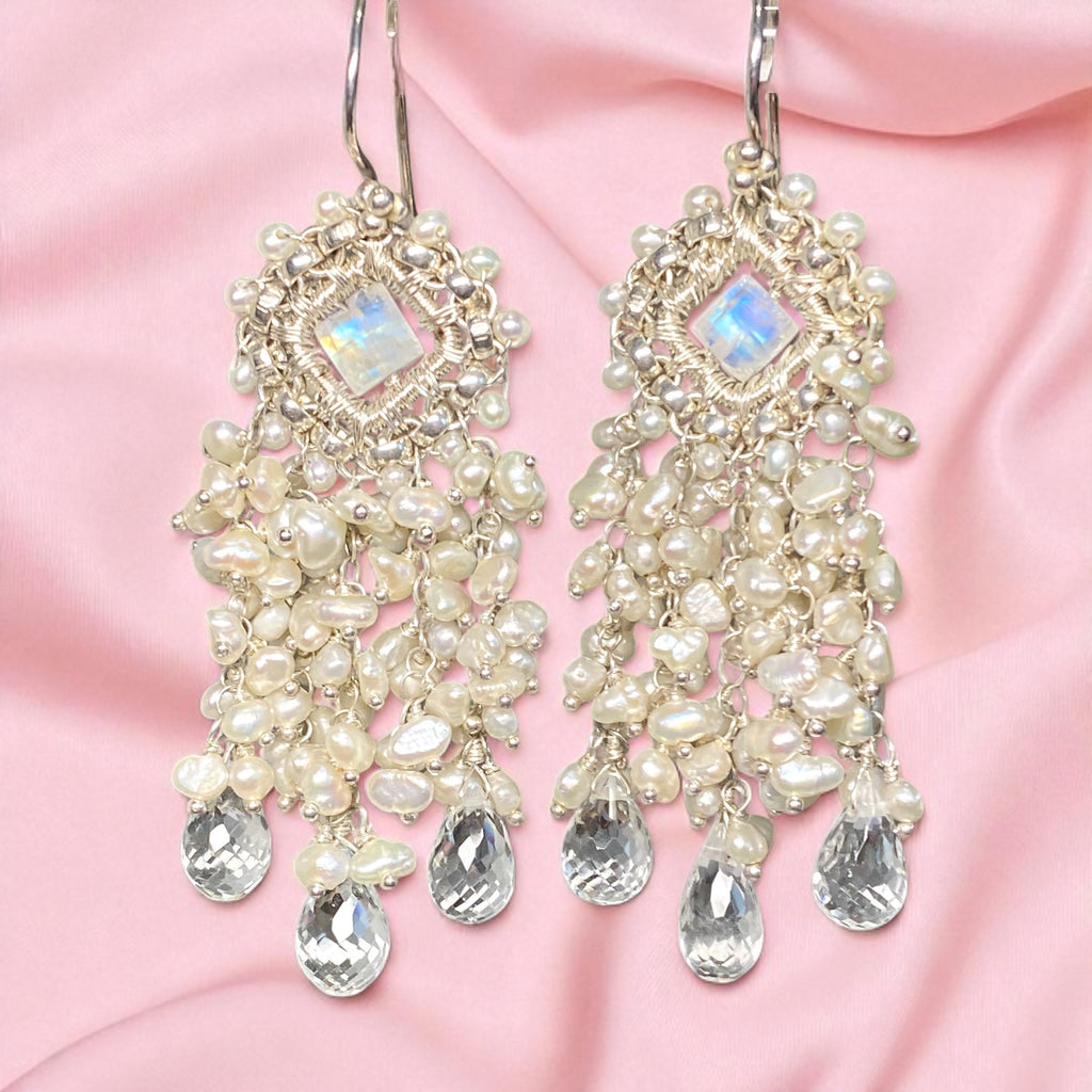 Moonstone and Pearl Chandelier Statement Bridal Wedding Earrings