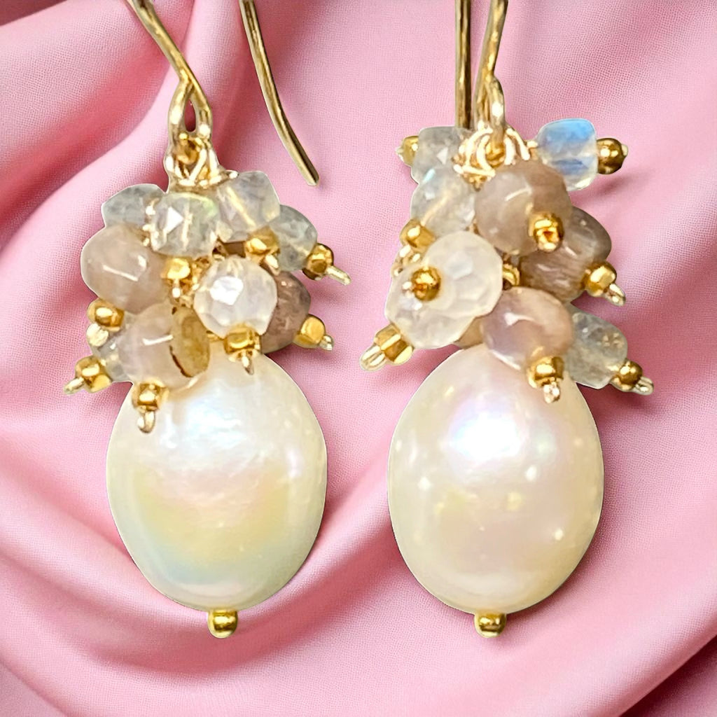 Pearl Cluster Earrings with Labradorite, Chocolate Moonstone Gold Fill or Sterling Silver