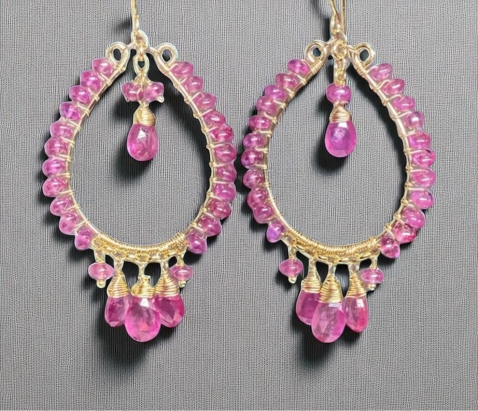 Pink Sapphire Chandelier Hoop Earrings Gold Fill