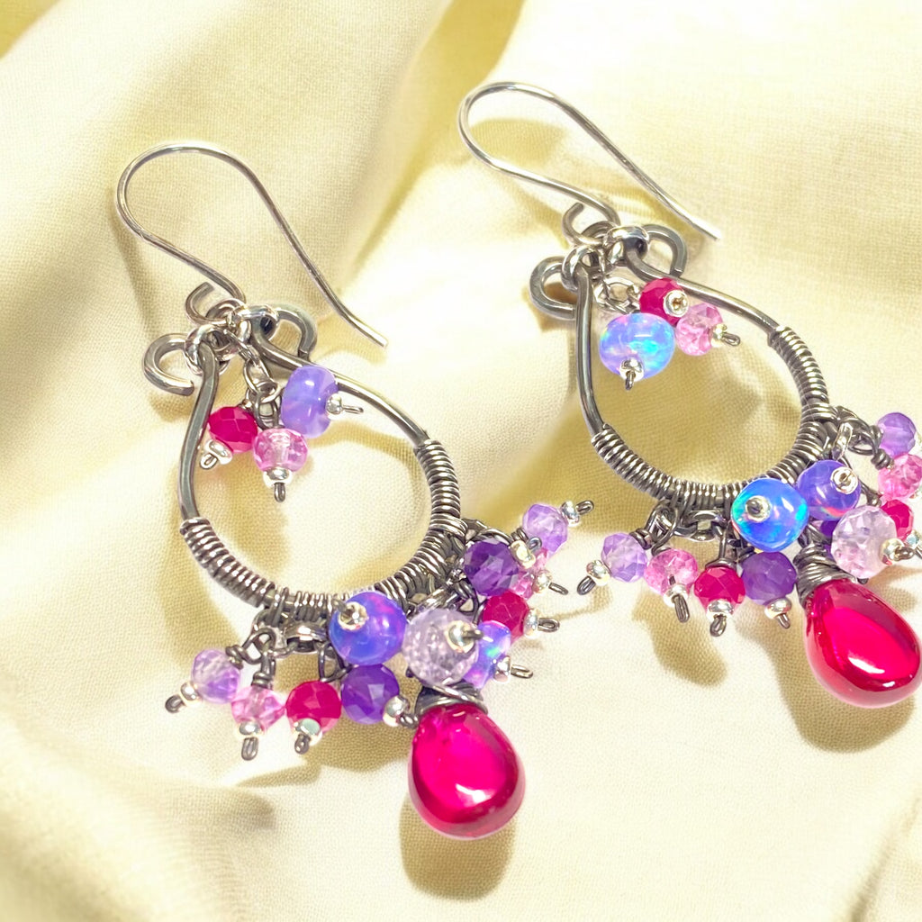 Pink Rubellite, Lavender Gems Oxidized Silver Hoop Chandelier Earrings,