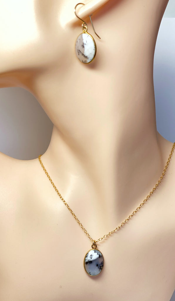 Dendritic Opal Earrings and Pendant Jewelry Set Gold Fill