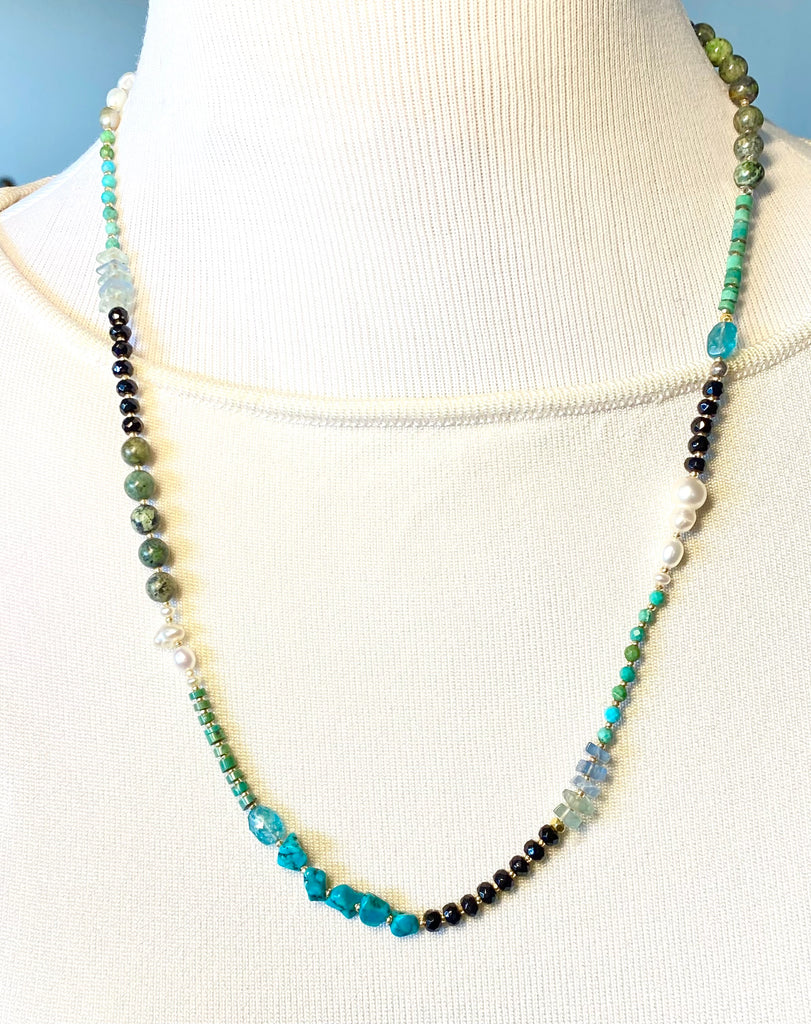 Turquoise Wrap Bracelet Necklace with Freshwater Pearl, Black Onyx, Apatite