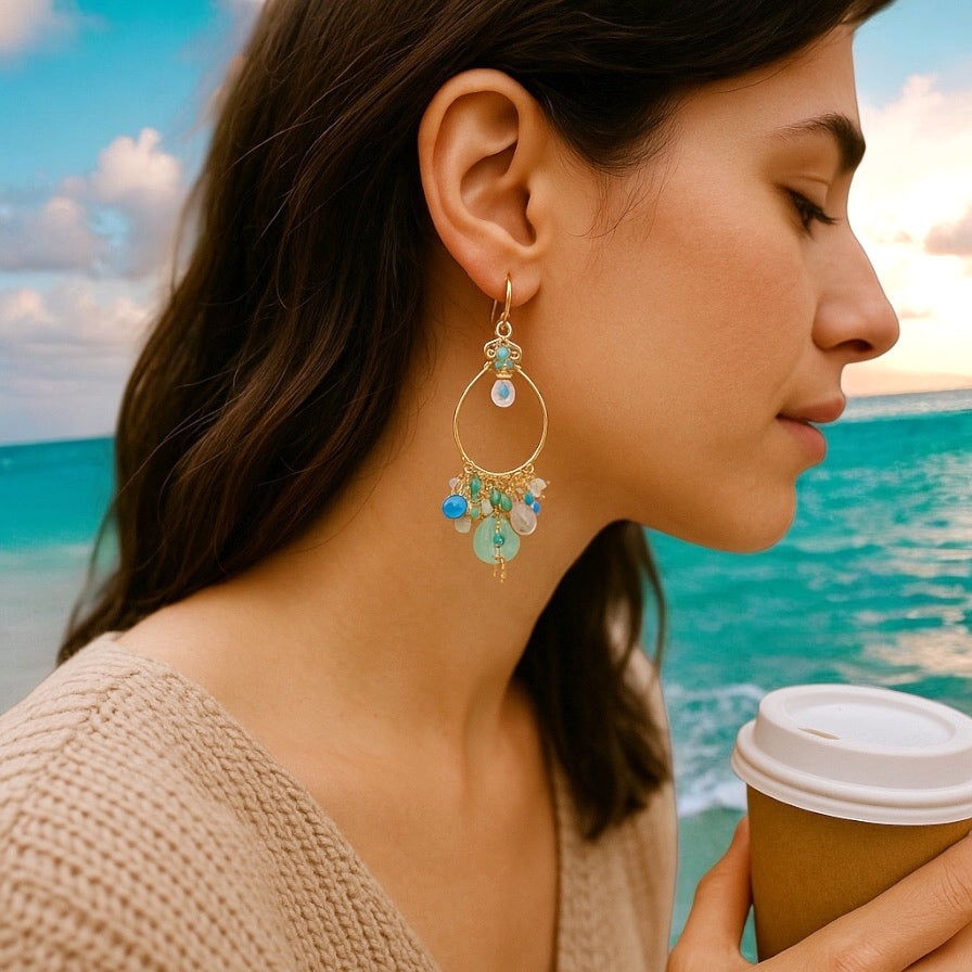 Aqua and Moonstone Statement Hoop Chandelier Earrings Gold