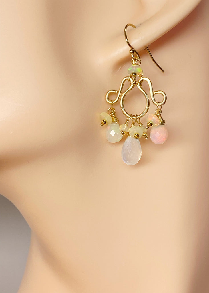 Ethiopian Opal and Moonstone Gemstone Chandelier Earrings Statement Gold Fill