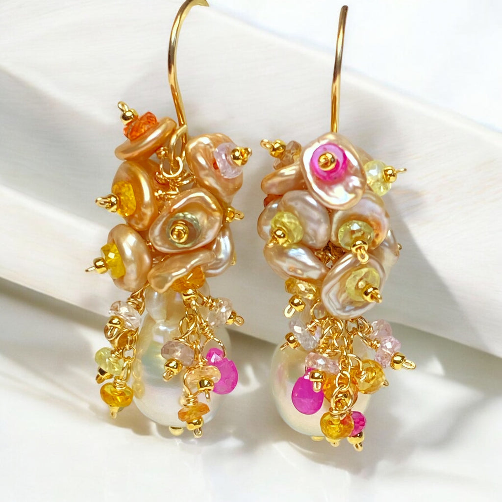 Baroque Flameball Pearl Earrings with Clusters of Sapphires and Keishi Pearls Gold Fill