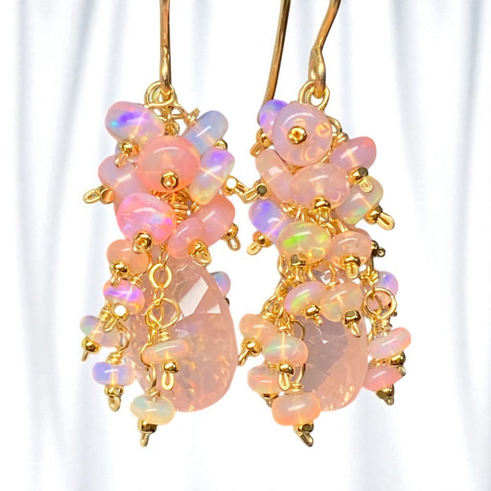 Pink Opal Cluster Earrings Rose Quartz Concave Cut Briolette Earrings Gold