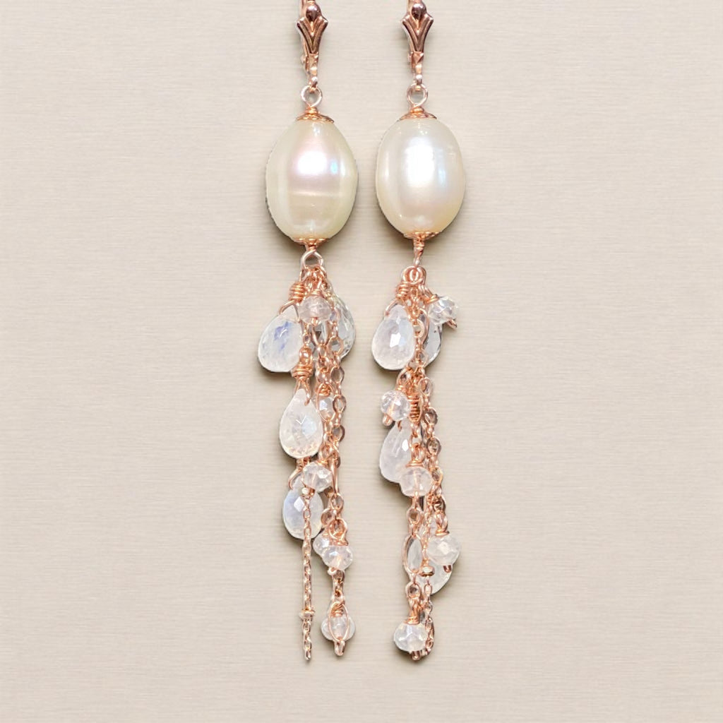 Rose Gold Pearl Moonstone Clear Zircon Long Dangle Earrings