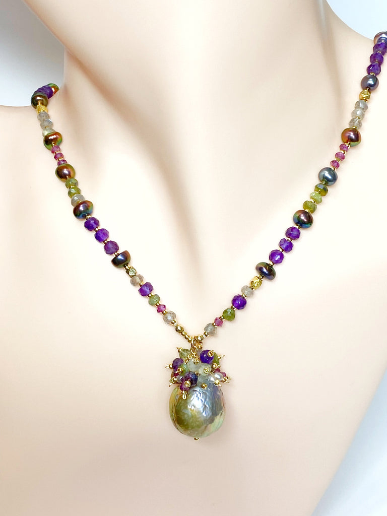 Exotic Mauve Pink Pond Slime Baroque Freshwater Pearl Pendant with Gemstone Necklace