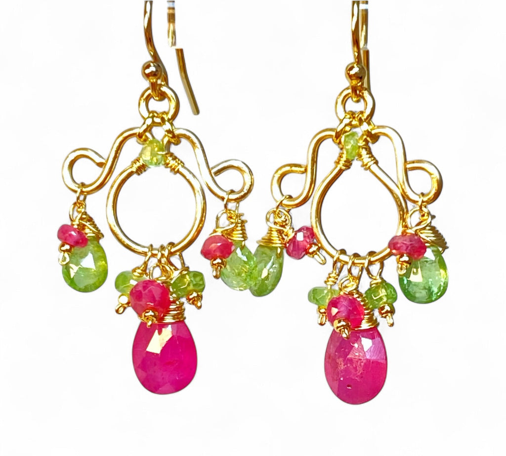 Tsavorite Garnet, Pink Sapphire Gold Fill Chandelier Earrings - Pink, Green Gemstones