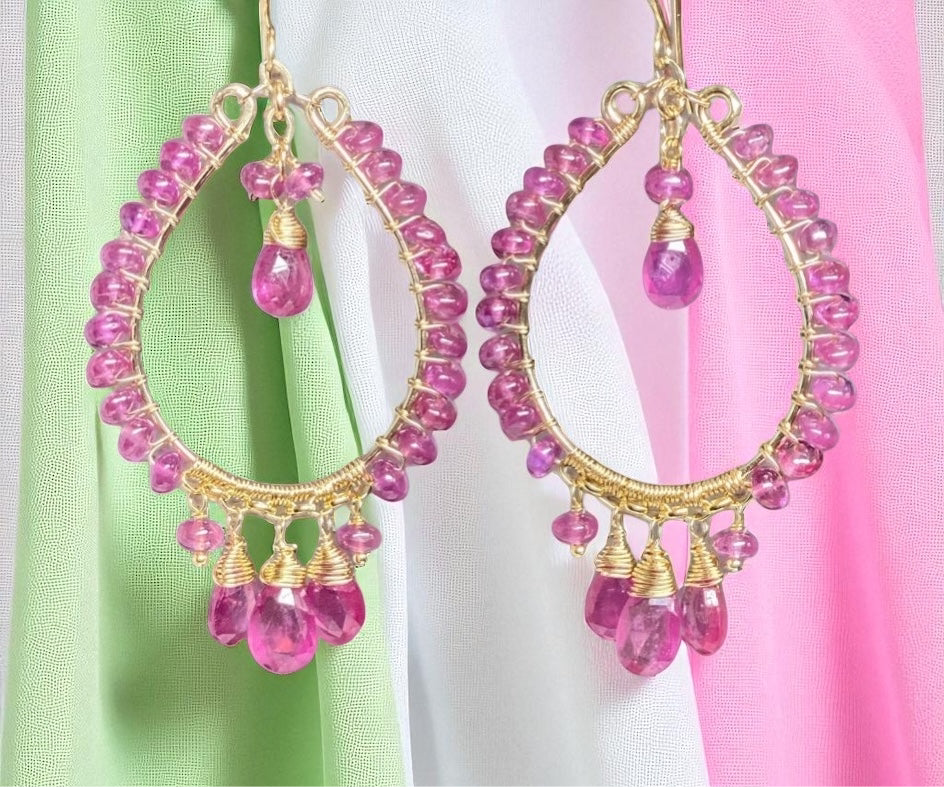 Pink Sapphire Chandelier Hoop Earrings Gold Fill