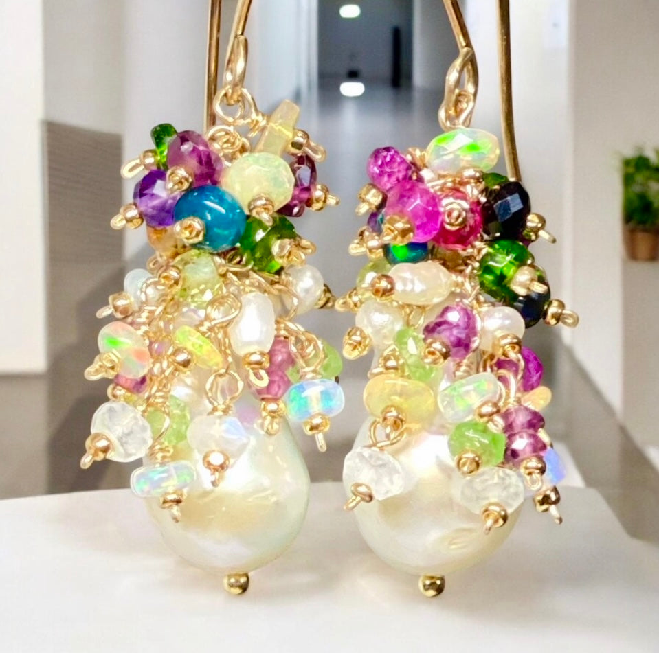 Opal Cluster Baroque Flameball Pearl Earrings Multi-color Gemstone 4