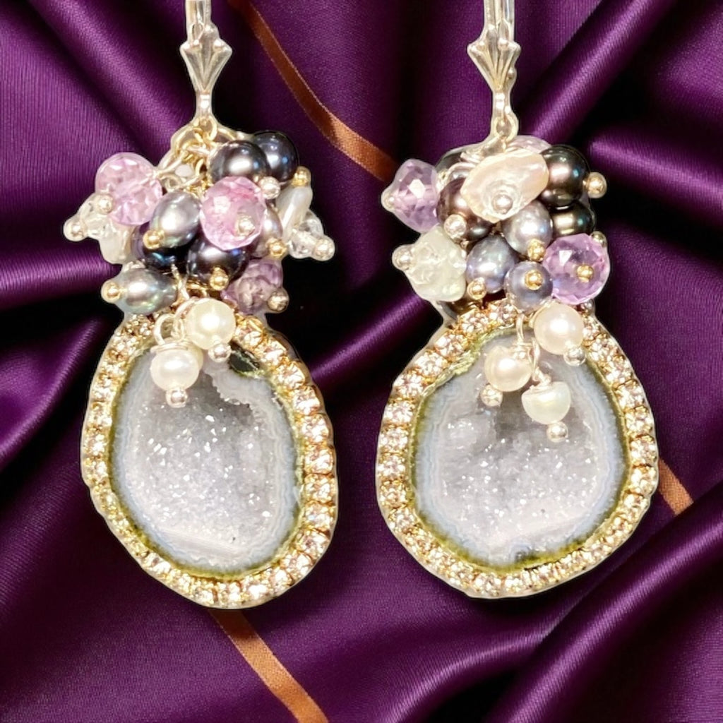 Grey Tabasco Geode Earrings with Diamond Look Austrian Crystals and Amethyst Pearl Clusters