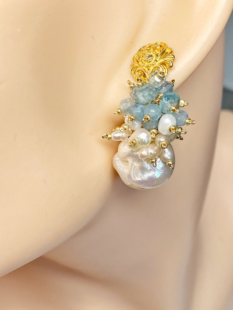 Blue Zircon Pearl Cluster Earrings Gold Post