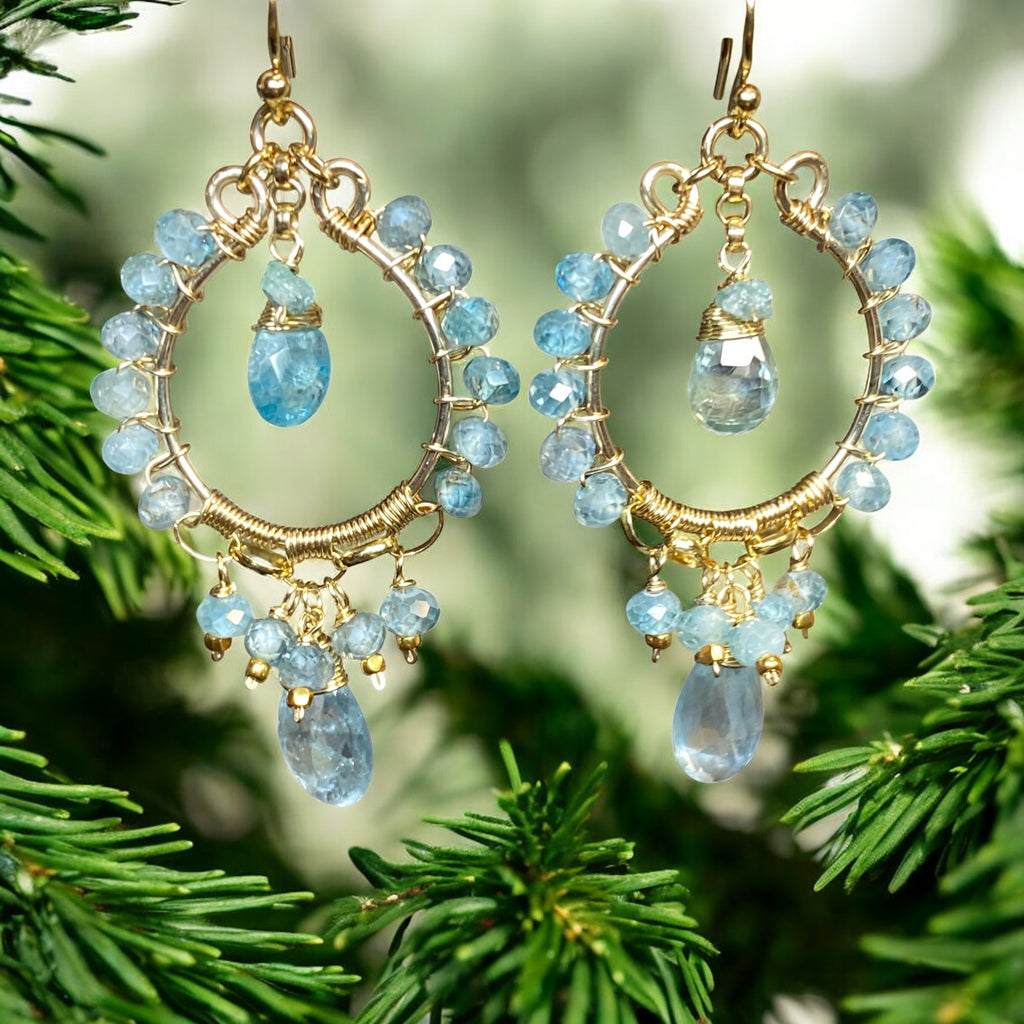 Natural Blue Zircon, Aquamarine Gemstone Chandelier Hoop Earrings Gold Fill