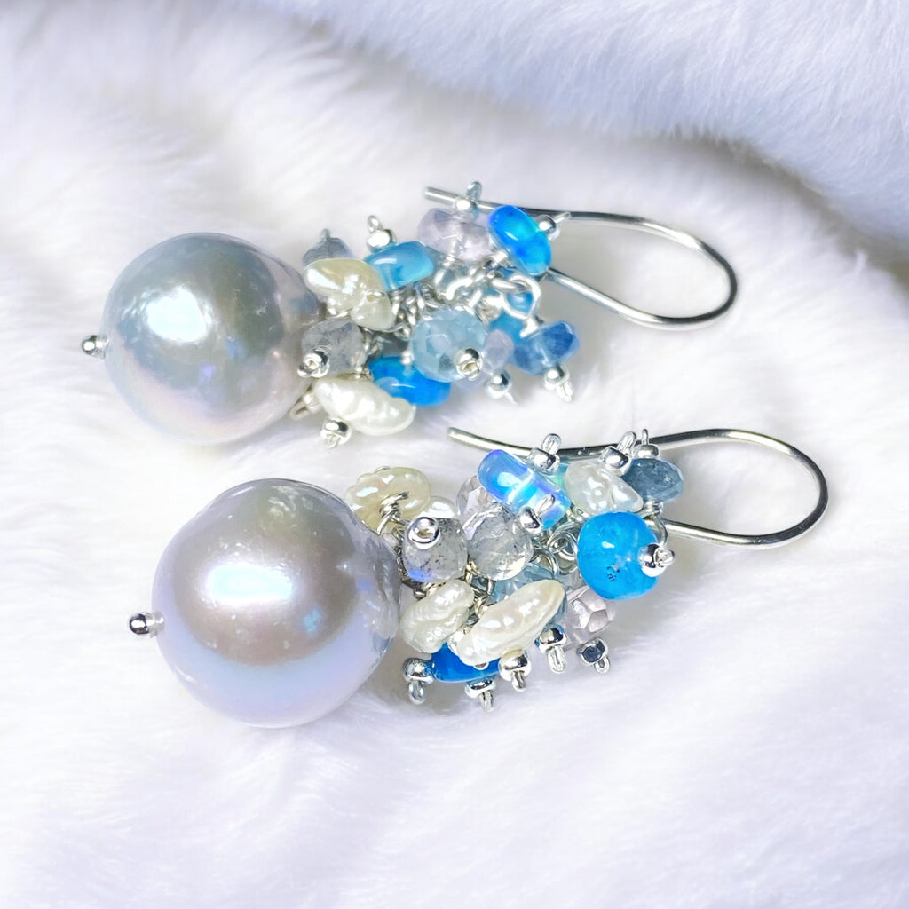 Silver Pearl Cluster Earrings with Blue Opal, Keishi Pearls, Aquamarine in Sterling Silver
