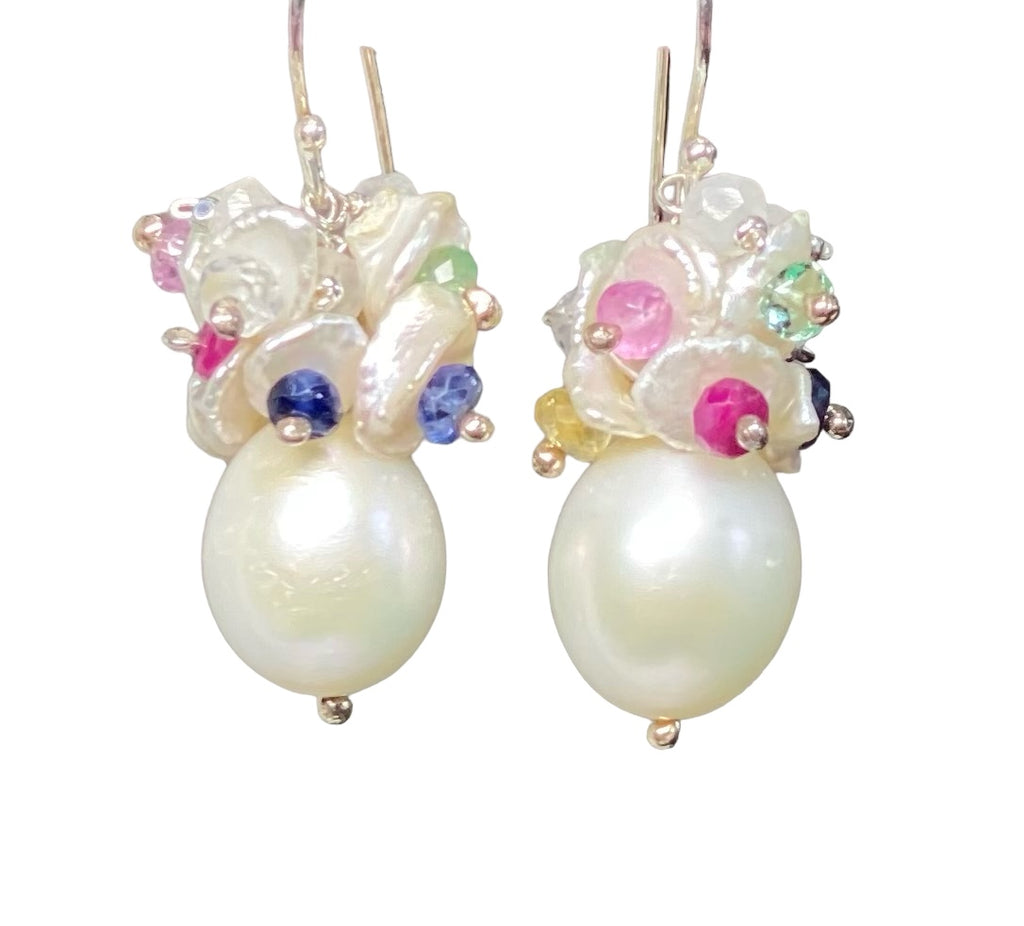 Pearl Cluster Earrings with Multicolor Sapphire and Moonstone Gemstone Keishi Pearls