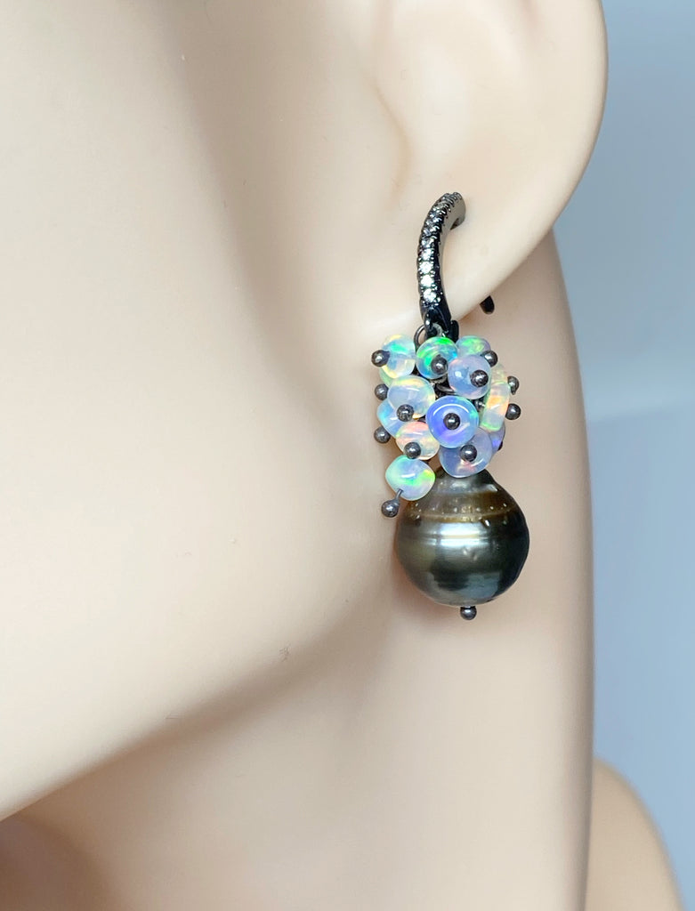 Tahitian Pearl and Opal Cluster Earrings Oxidized Sterling Silver