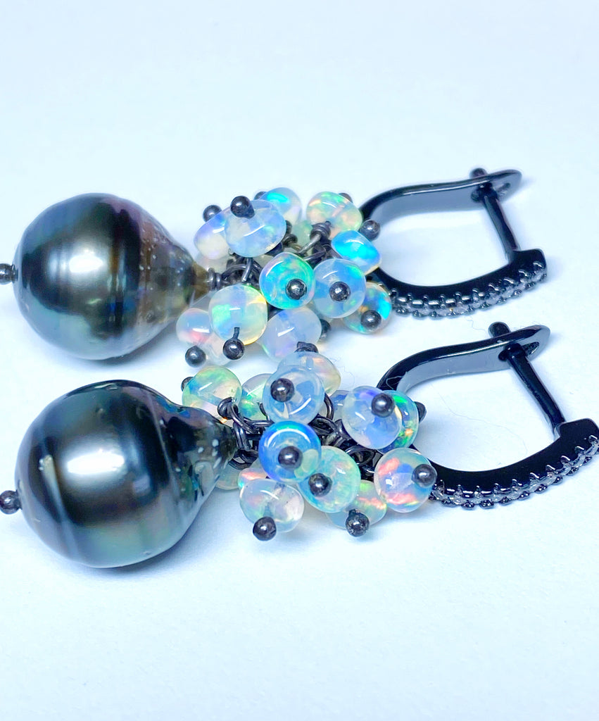 Tahitian Pearl and Opal Cluster Earrings Oxidized Sterling Silver