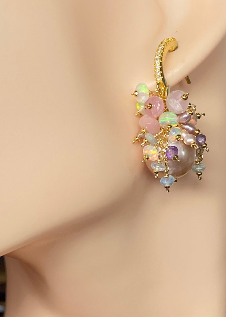 Pink Round Pearl and Gem Cluster Wedding Earrings with Tourmaline and Opals 2