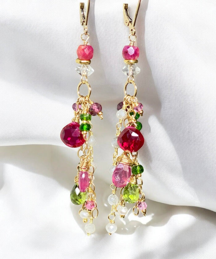 Gemstone Dangle Earrings - Pink Sapphire, Peridot, Ruby, Gold