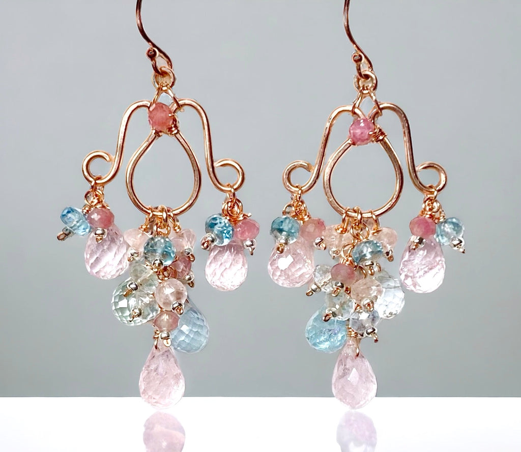 Aquamarine, Morganite Gemstone Chandelier Earrings in Rose Gold Fill