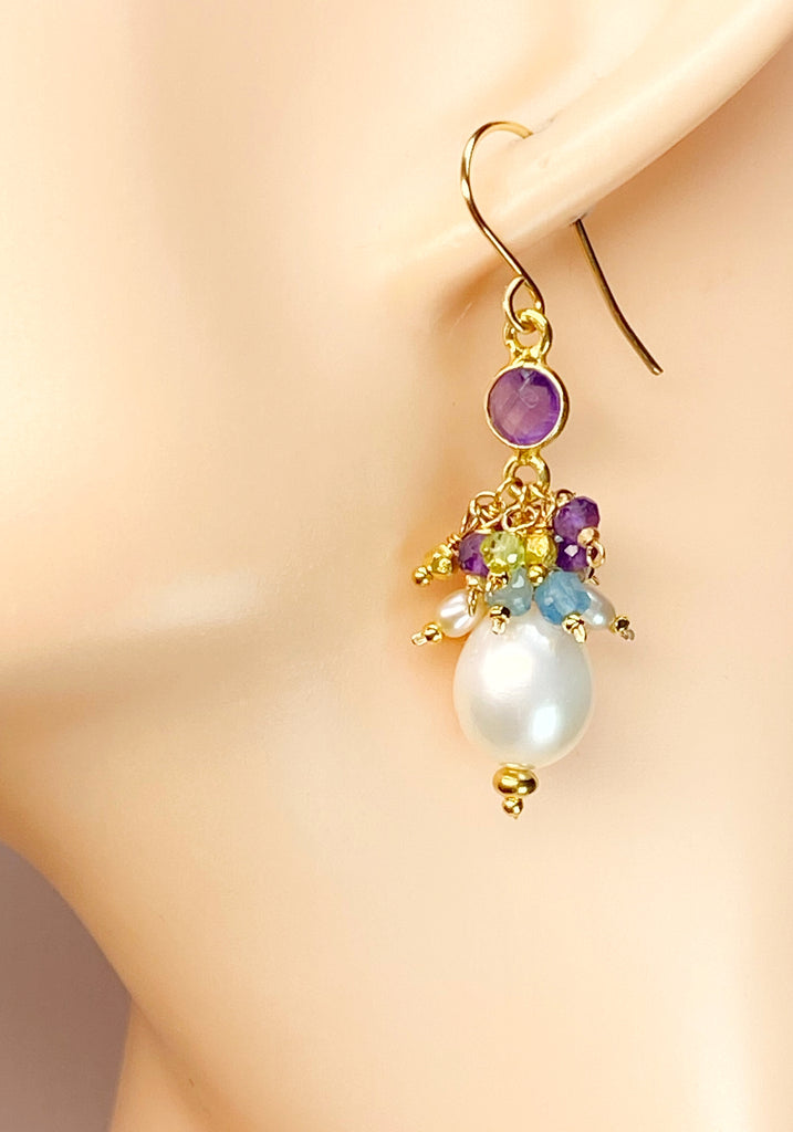 Pearl Cluster Earrings with Peridot, Aquamarine, Amethyst in Gold