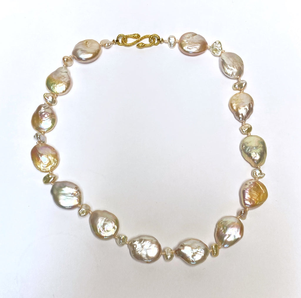 Statement Coin Pearl Necklace with Keishi Pearls, Silk Knotted