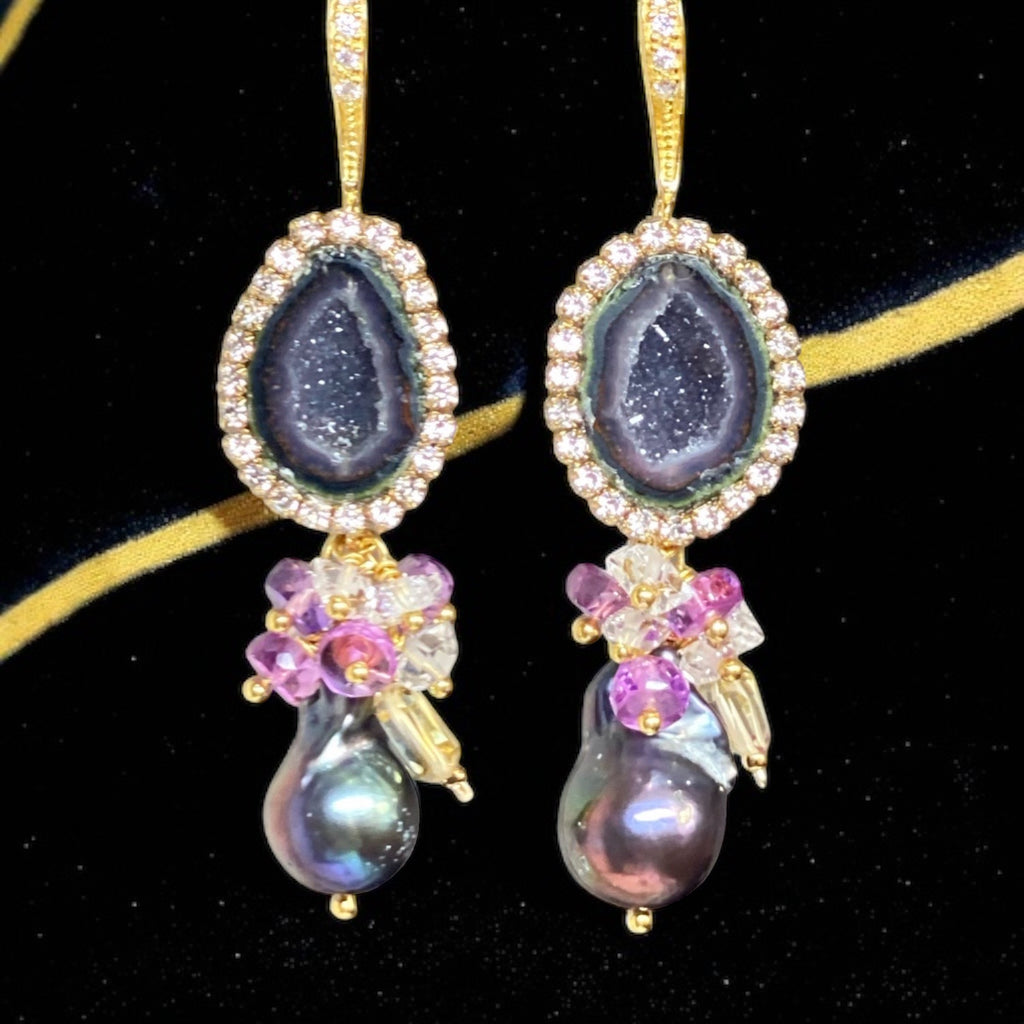 Plum Tabasco Geode and Pearl Dangle Earrings Diamond Look