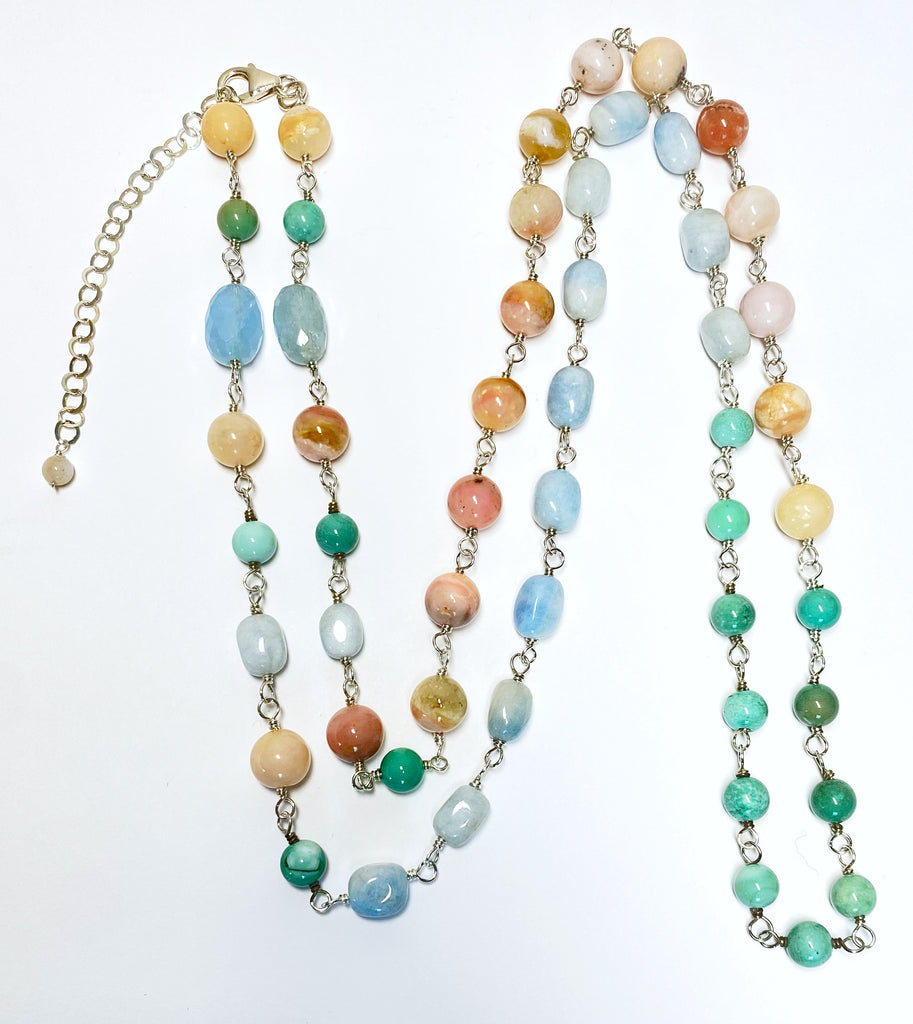 Multi-color Gemstone Necklace Wire Wrapped Opal Chrysoprase Aquamarine