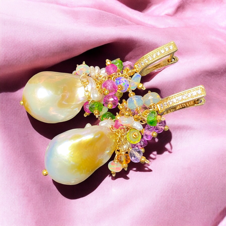 Pond-slime Baroque Pearl and Gemstone Cluster Earrings with Violet Sapphire