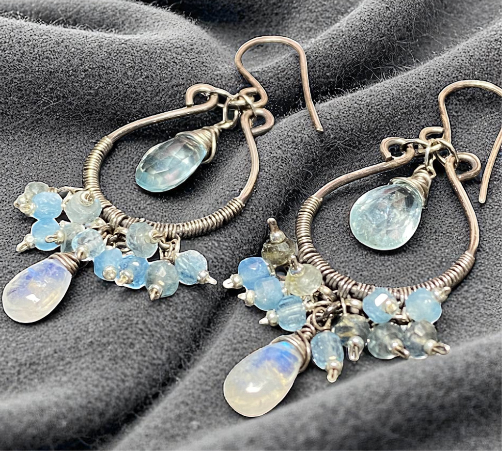 Aquamarine Oxidized Sterling Silver Hoop Chandelier Earrings