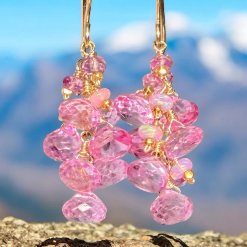 Pink Mystic Topaz Cluster Tassel Earrings Gold Fill or Rose Gold