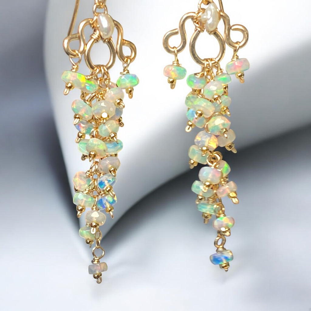 White Ethiopian Opal Chandelier Tassel Earrings Gold Fill