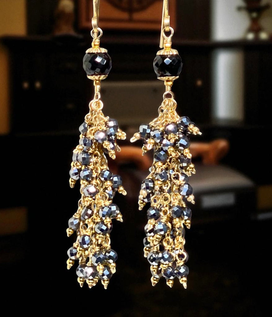 Sparkly Long Black Tassel Earrings Gold Fill