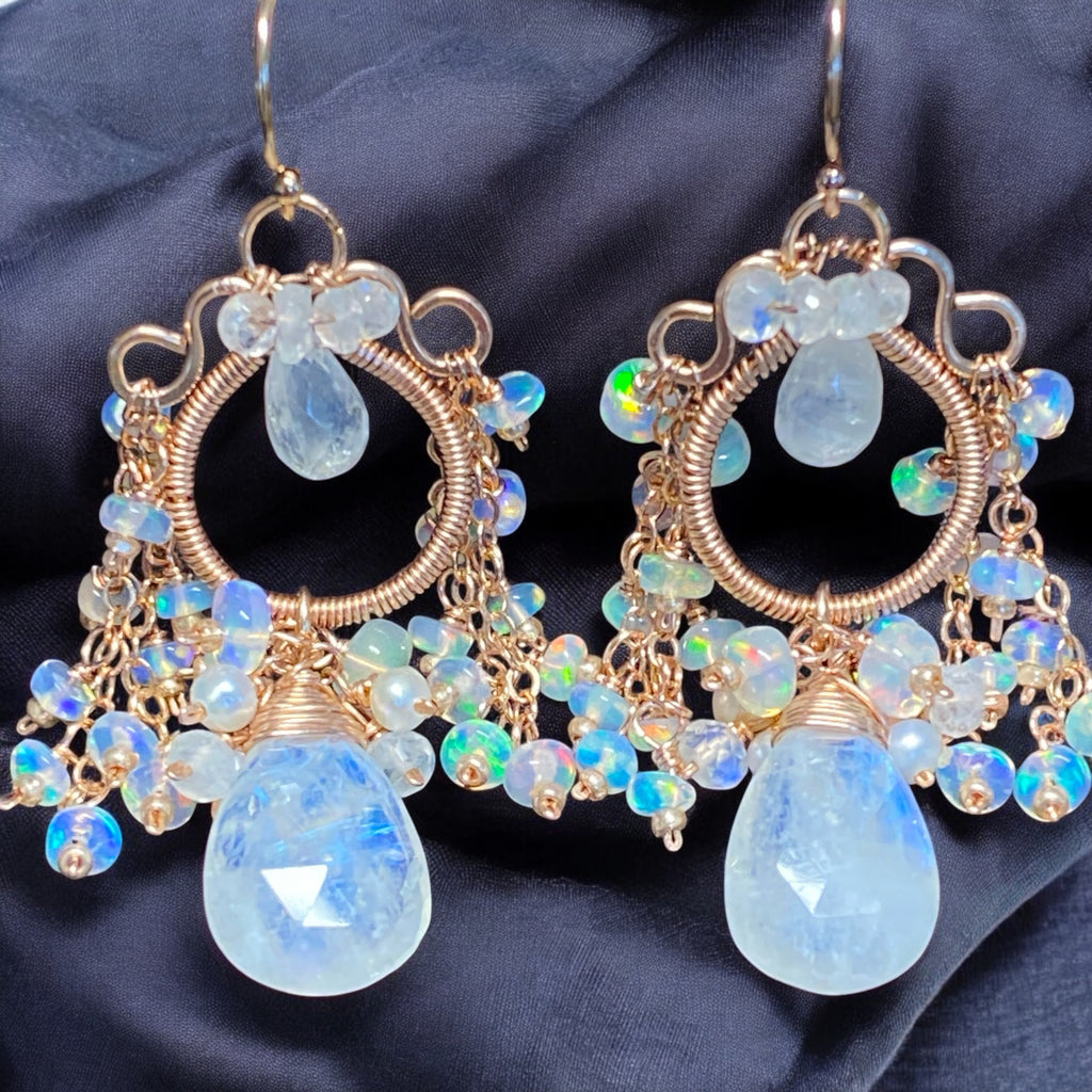Rainbow Moonstone Opal Statement Rose Gold Chandelier Earrings Boho Bridal 2