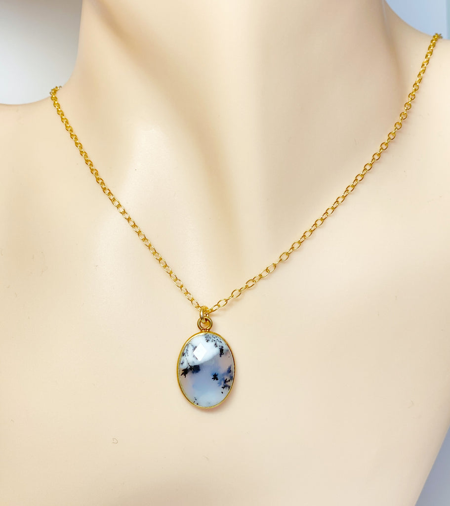 Dendritic Opal Earrings and Pendant Jewelry Set Gold Fill