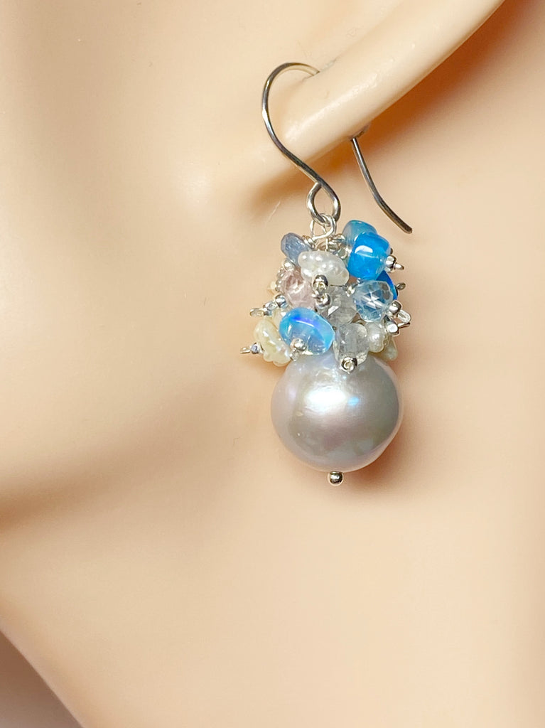 Silver Pearl Cluster Earrings with Blue Opal, Keishi Pearls, Aquamarine in Sterling Silver