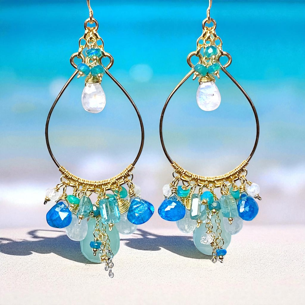 Aqua and Moonstone Statement Hoop Chandelier Earrings Gold