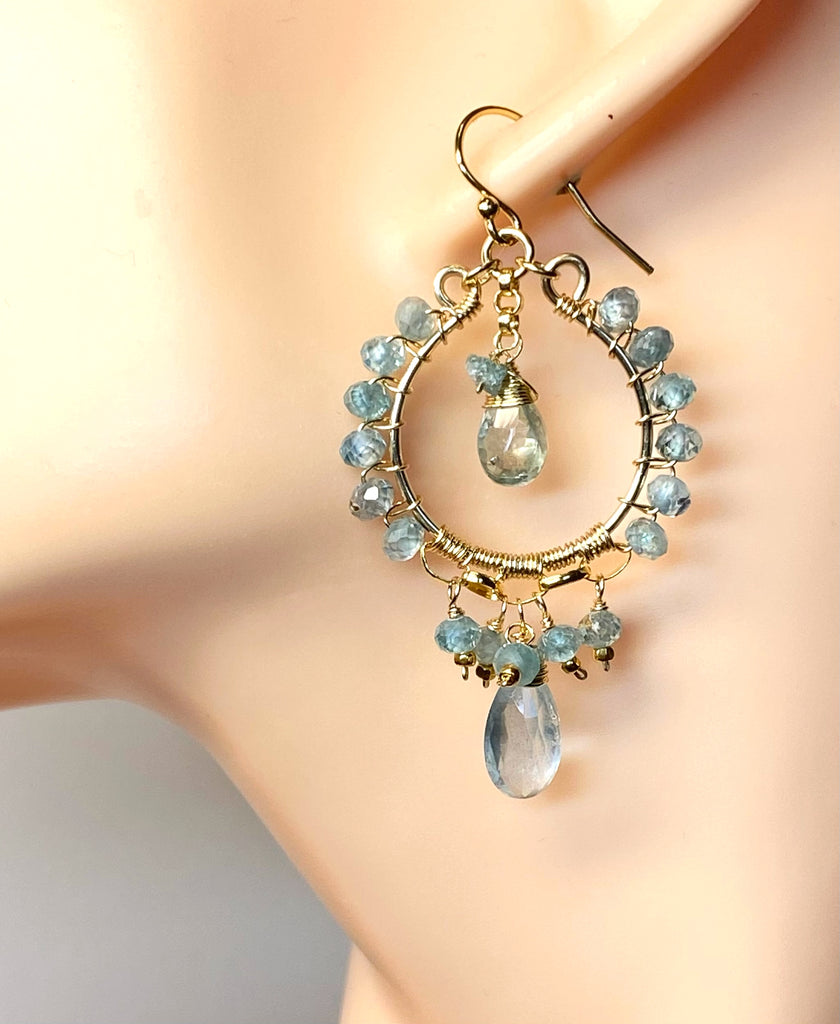Natural Blue Zircon, Aquamarine Gemstone Chandelier Hoop Earrings Gold Fill