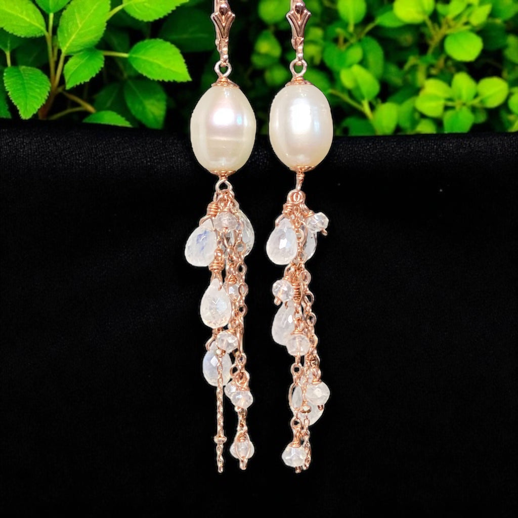 Rose Gold Pearl Moonstone Clear Zircon Long Dangle Earrings